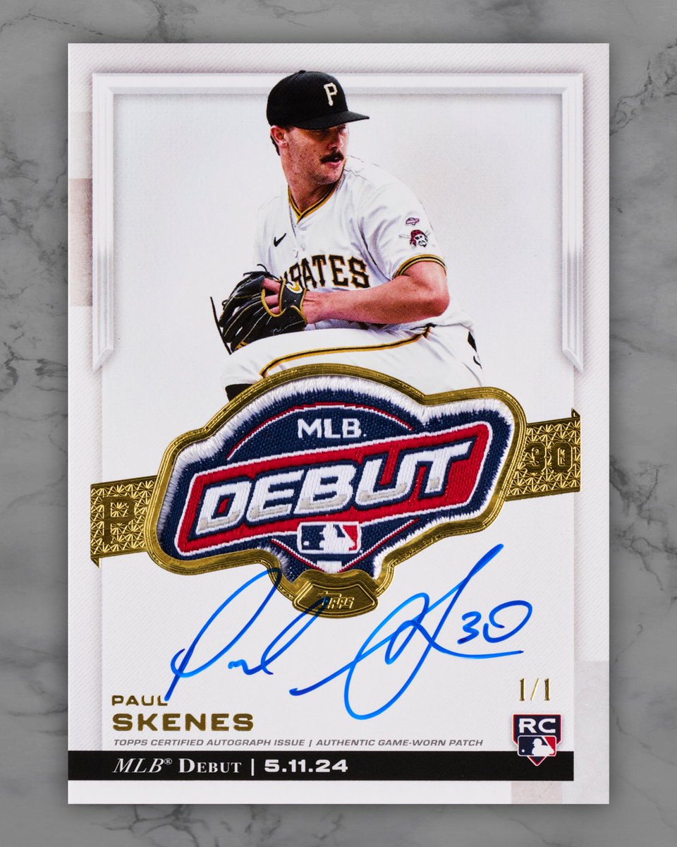 Topps's tweet image. 𝗙𝗜𝗥𝗦𝗧 𝗟𝗢𝗢𝗞: The Paul Skenes 1/1 Rookie Debut Patch Autograph is officially here…

This card can be found in one lucky pack of 2024 Topps Chrome Update, releasing November 13.