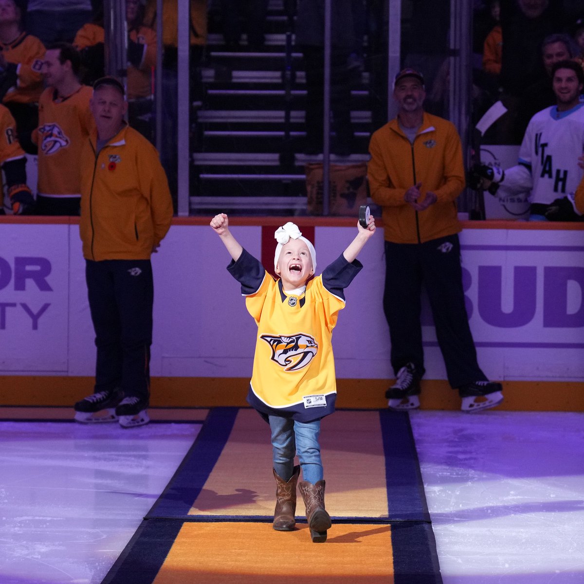PredsNHL's tweet photo. What a night for Hockey Fights Cancer 💜 https://t.co/xHY9AcXUOK