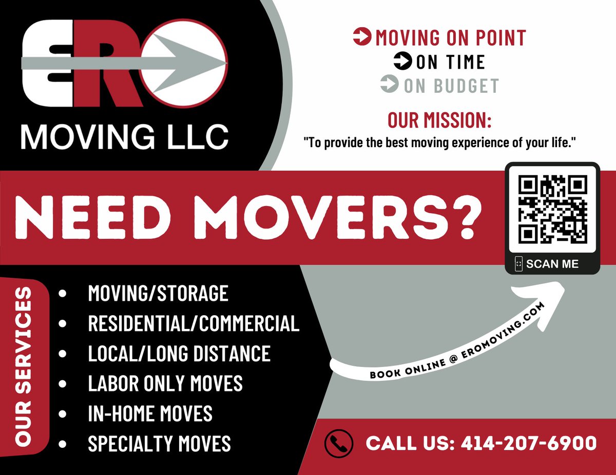 eromoving's tweet image. 📬 Just received one of our mailers? Your next move just got easier! 🏠🚚 At #EROMoving , we’re bringing professional, reliable moving services right to your doorstep. Whether it’s a #localmove or long-distance, our team has you covered! Call us today! 📞  #MovingSpecials #MKE