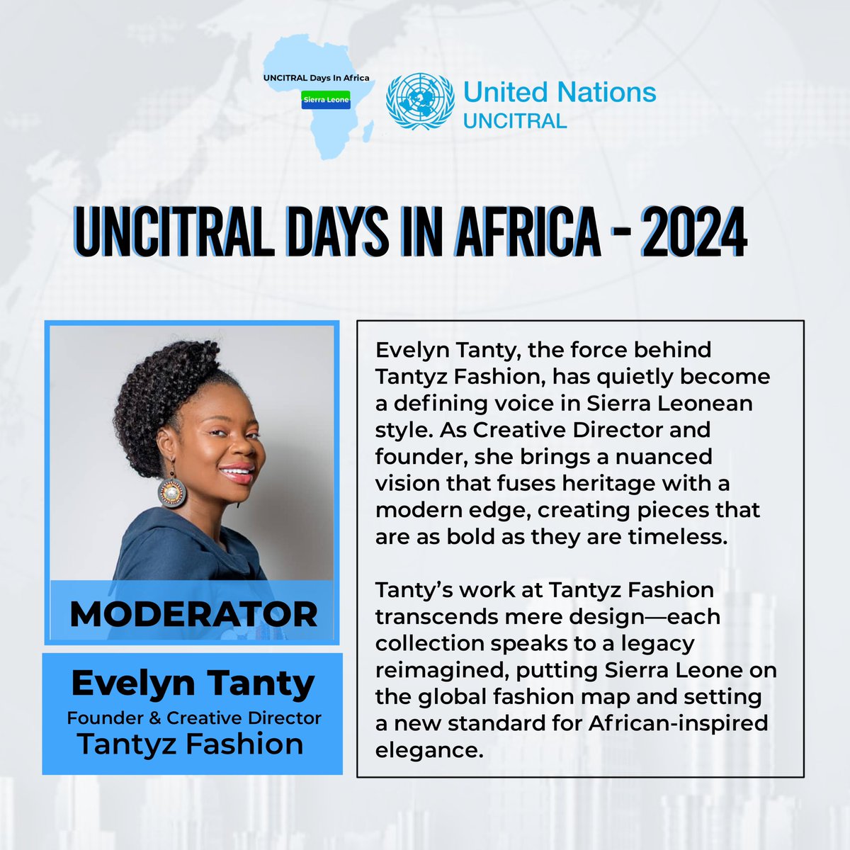 uncitraldayssl's tweet photo. Meet our second Moderator Evelyn Tanty, and one of our panelists Emily Fanday, Founder and Business Lead, Connet SL Limited 💫. 

Join us for transformative insights on Africa’s legal and business landscape🌍🙌🏾. 

Click the link to sign up 🔗https://t.co/N0C28Nr2ok 

#SaloneX https://t.co/Ob64TtDtp1