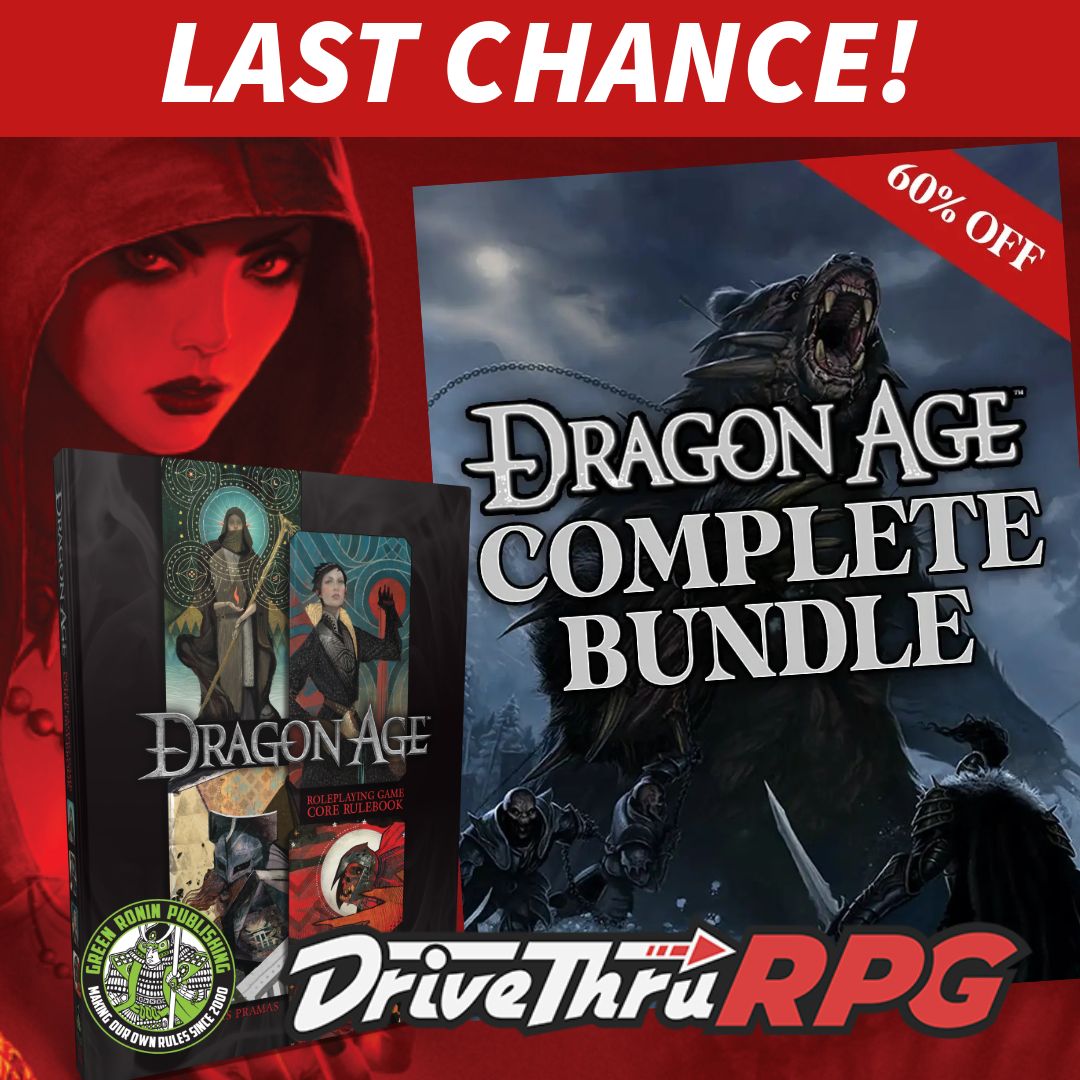 LAST CALL! The Dragon Age RPG is a platinum best seller at DriveThruRPG.com- and it's on sale! Powered by the Adventure Game Engine, transport your gaming group to Thedas with the complete Dragon Age bundle at DriveThruRPG! drivethrurpg.com/en/product/500… 
 #dragonage #TheVeilguard #RPG