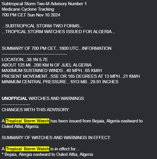 MedicaneTrack's tweet photo. UNOFFICIAL Subtropical Storm #Two Advisory #1: New subtropical cyclone forms near #Algeria. Max winds are at 35 knots (40 mph). TS watches issued. Click below on MCT discussion for more info. 

#Medicane https://t.co/zQzaVcG9vn