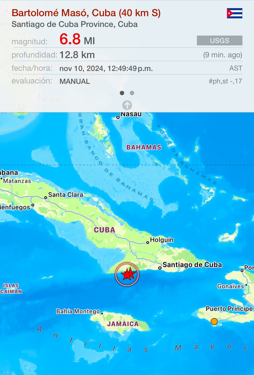 TemporadaCiclon's tweet photo. 🚨BOLETÍN URGENTE 🚨

SE HA EMITIDO UNA ALERTA DE #TSUNAMI PARA LA COSTAS DE #CUBA Y ZONAS ALEDAÑAS POR POTENTE #TEMBLOR DE MAGNITUD 6.9. ⚠️ATENCIÓN HAITÍ, JAMAICA Y REPÚBLICA.⚠️ https://t.co/frzM0r2ANY