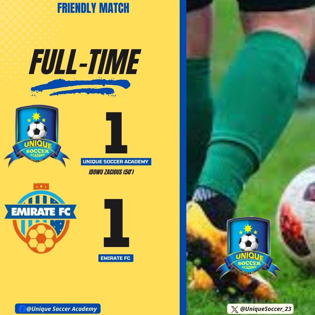UniqueSoccer_23's tweet photo. UNIQUE SOCCER ACADEMY 1️⃣ -1️⃣ EMIRATE FC 

IDOWU ZACIOUS goal earn young Immortal Boys deserved draw against EMIRATE FC 

#USAEFC | #WeAreUnique | #Immortalboys | #uniquesocceracademy | #SuccessIsMine https://t.co/S6btbOFLhn