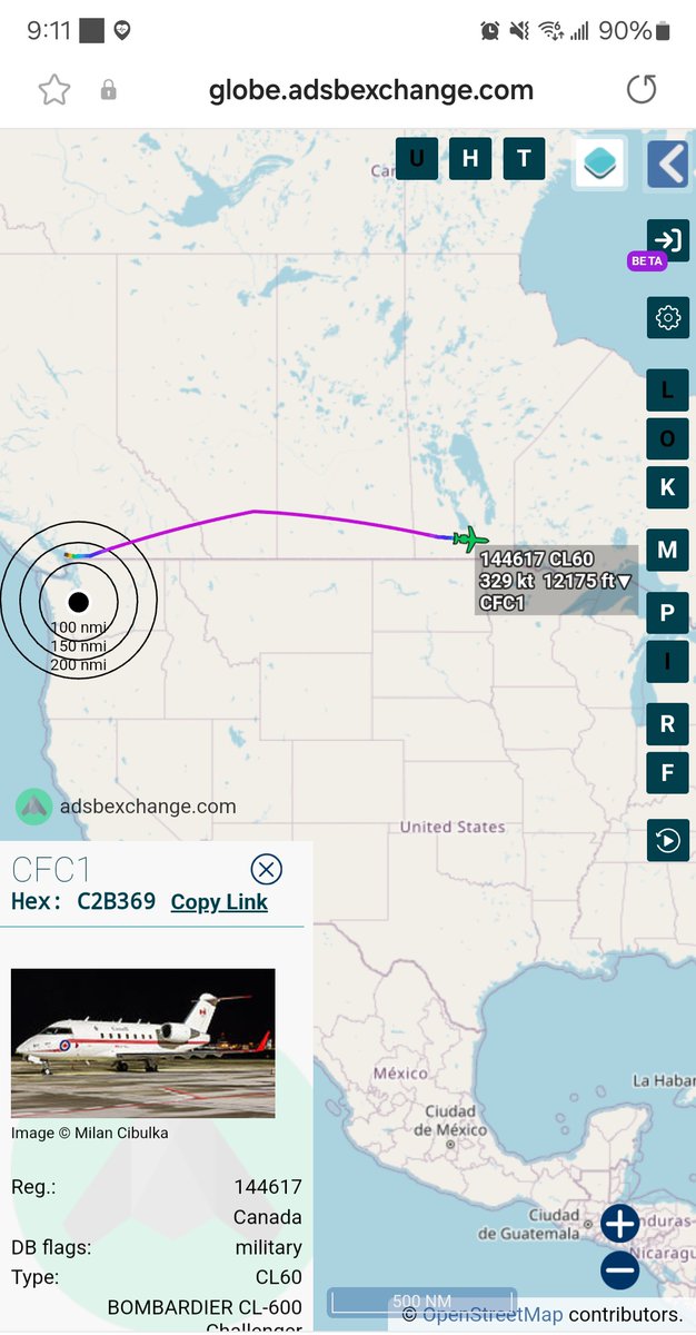 Borrowed7Time's tweet photo. Bombardier CC-144D Challenger 650 144617 #C2B369 as CFC1 out of Vancouver, landing at Winnipeg. Based on callsign, Justin Trudeau is likely on board.
@sipjack1776 @steffanwatkins https://t.co/YM4DjvAkTW