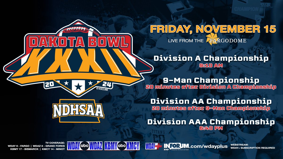 NDHSAA's tweet photo. DAKOTA BOWL XXXII TV & Live Video Web Stream Information 

BROACAST DETAILS: https://t.co/npgJgFOO7c

#NDHSAA #NDpreps @WDAYnews @WDAYSports @nddakotabowl