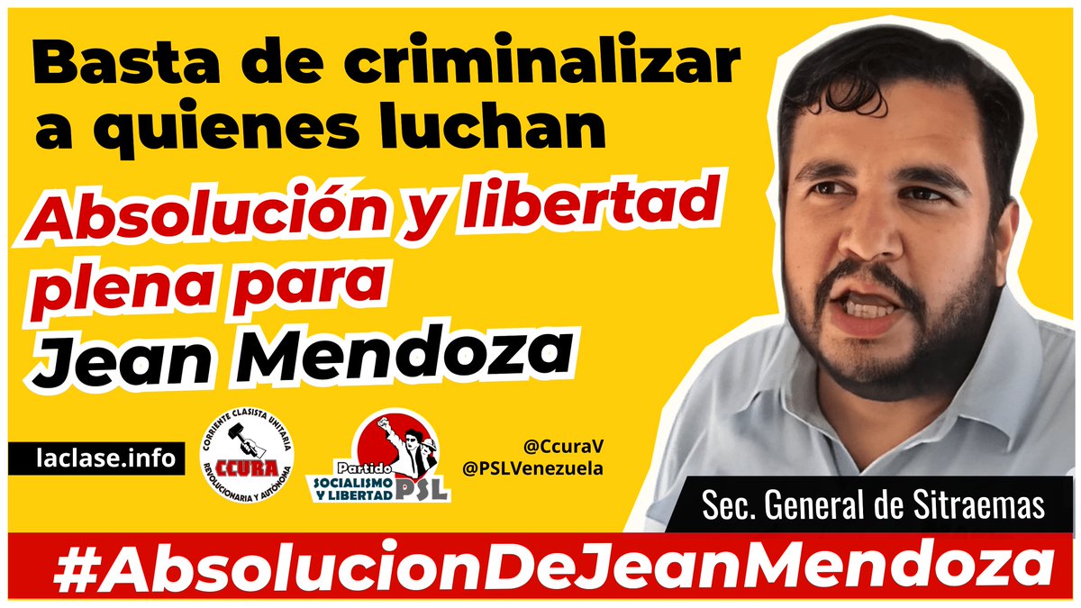 PSLVenezuela's tweet photo. Más de 2 años bajo medidas cautelares y ahora un juicio injusto. MASISA y Maduro criminalizan a Jean Mendoza por exigir el cumplimiento de sus derechos laborales. ¡Toda nuestra solidaridad, #AbsolucionDeJeanMendoza! https://t.co/202V74V7rM