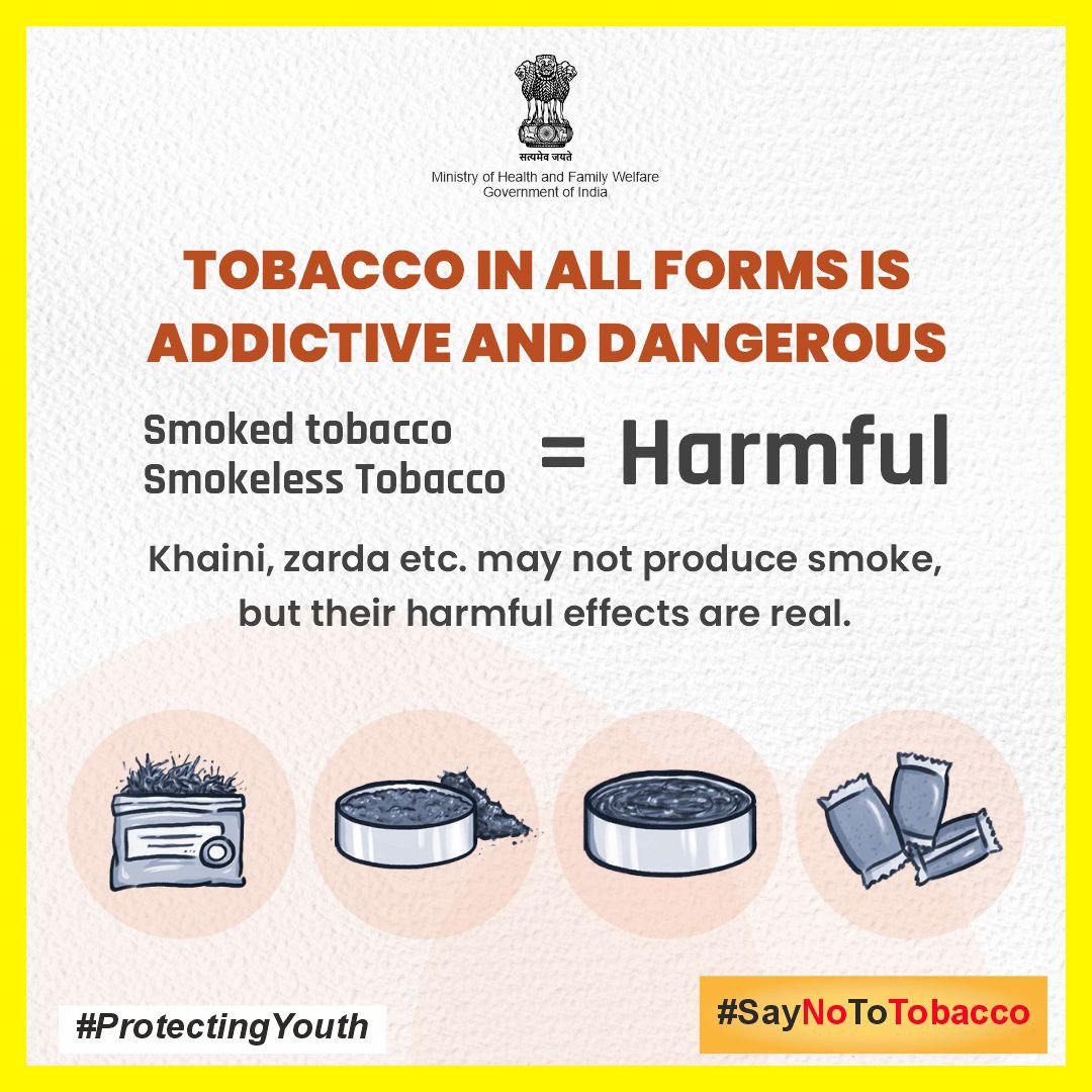 Tobacco is addictive and dangerous—no matter the form. Whether it's smoking, chewing, or vaping, the risks are real. Choose health, choose life—stay tobacco-free!

#SayNoToTobacco
#ProtectingYouth