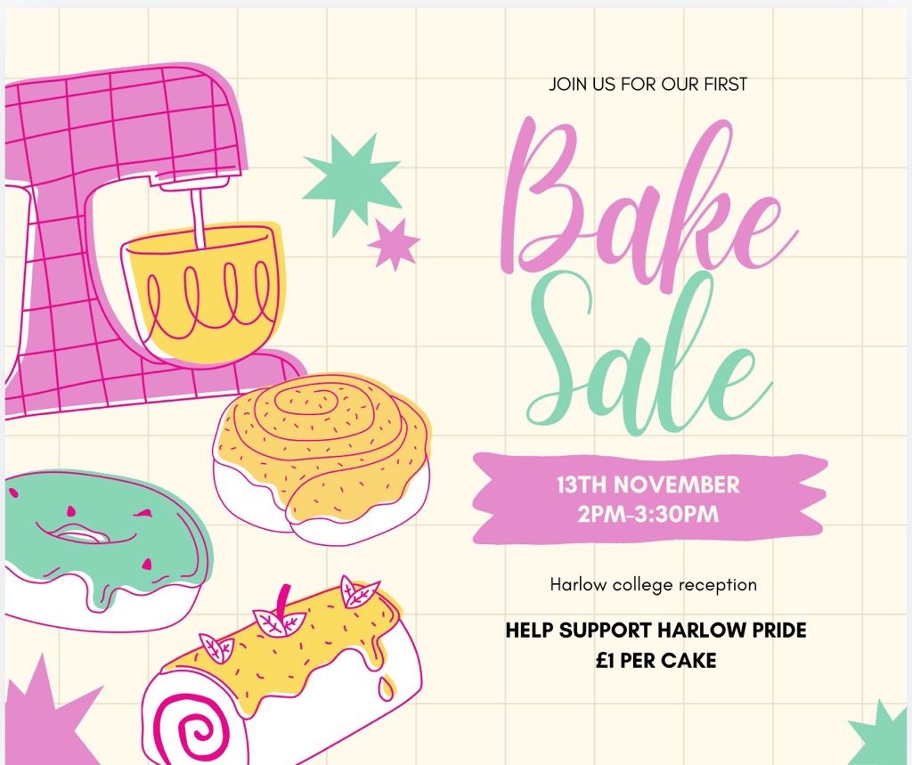 The brilliant <a href="/HarlowCollege/">Harlow College</a> students are having a Bake Sale on  Wednesday 13 November - 2pm to 3:30pm 😋

Proceeds are going to us 🩷🩷🩷

Why not go along and treat yourself? 🏳️‍🌈🏳️‍⚧️

#harlowpride #harlowcollege #community #cake
