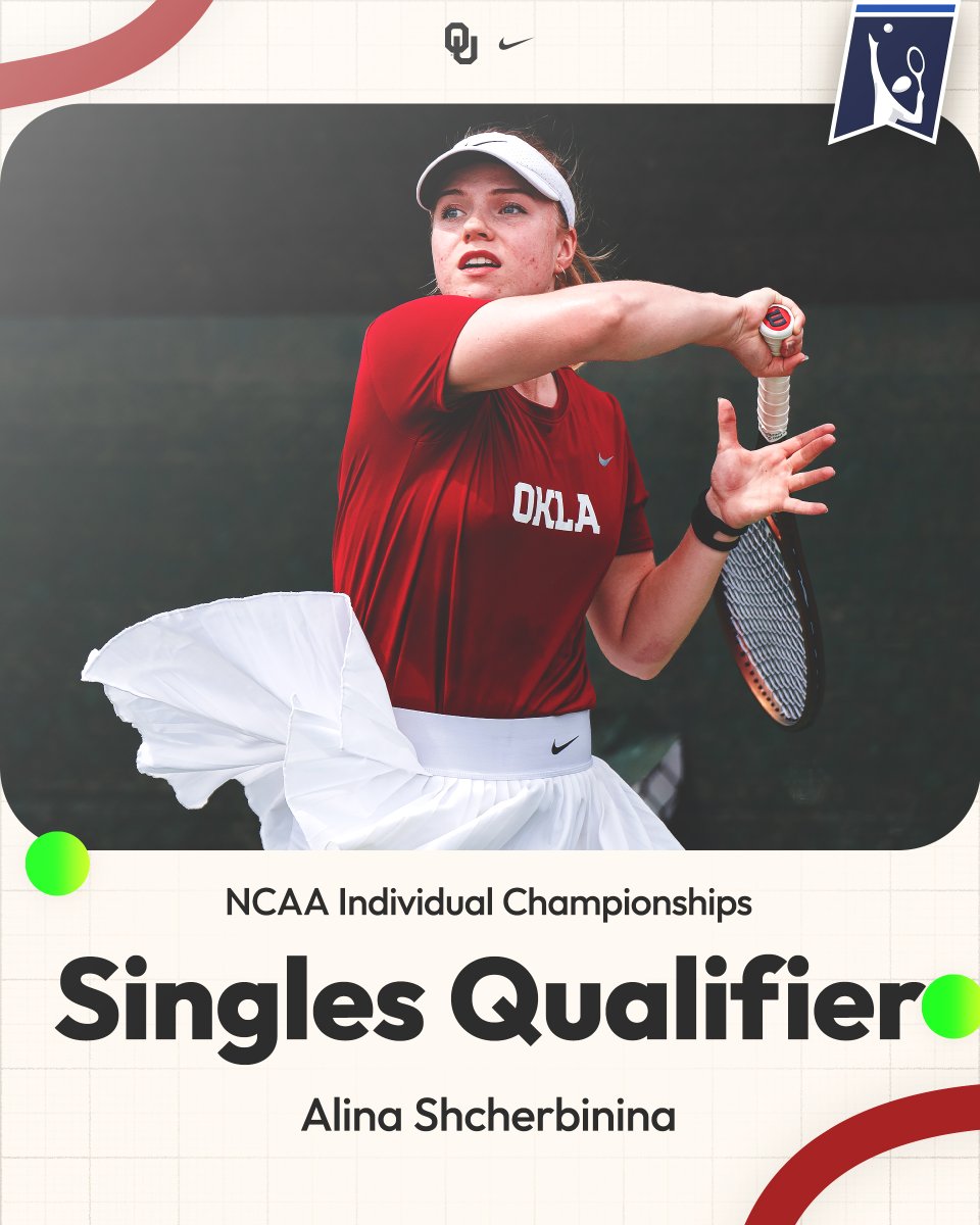 𝐓𝐈𝐂𝐊𝐄𝐓 𝐏𝐔𝐍𝐂𝐇𝐄𝐃 🎟️ 

With a 6-0, 2-6, 6-3 win over No. 109 Santa Strombacha (HOU) in the ITA Central Sectional QF playoff, Alina Shcherbinina has qualified for the NCAA Singles Championship in Waco, Texas from Nov. 19-24!

#BoomerSooner | #OUrFight