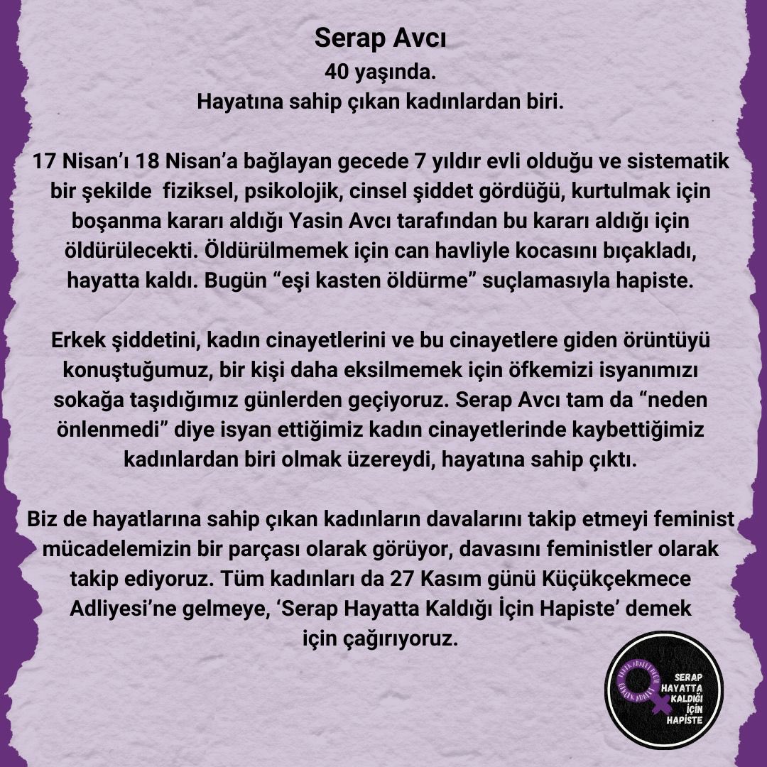 serapaozgurluk's tweet image. Serap hayatta kaldığı için hapiste!

Serap tam da “neden önlenmedi” diye isyan ettiğimiz kadın cinayetlerinde kaybettiğimiz kadınlardan biri olmak üzereydi, hayatına sahip çıktı. 

Serap’ın hikayesini okumak için 👇🏽
medium.com/@serapicinfemi…