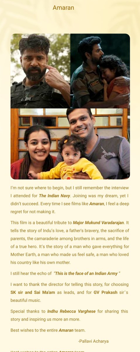 pallaviachark's tweet photo. Thank you for telling the story "Amaran" @Rajkumar_KP  and @Sai_Pallavi92  and @Siva_Kartikeyan and beautiful music by @gvprakash 
Special thanks to  Indhu Rebecca Varghese.
#Amaran #IndianArmy https://t.co/prcQP0yS5B