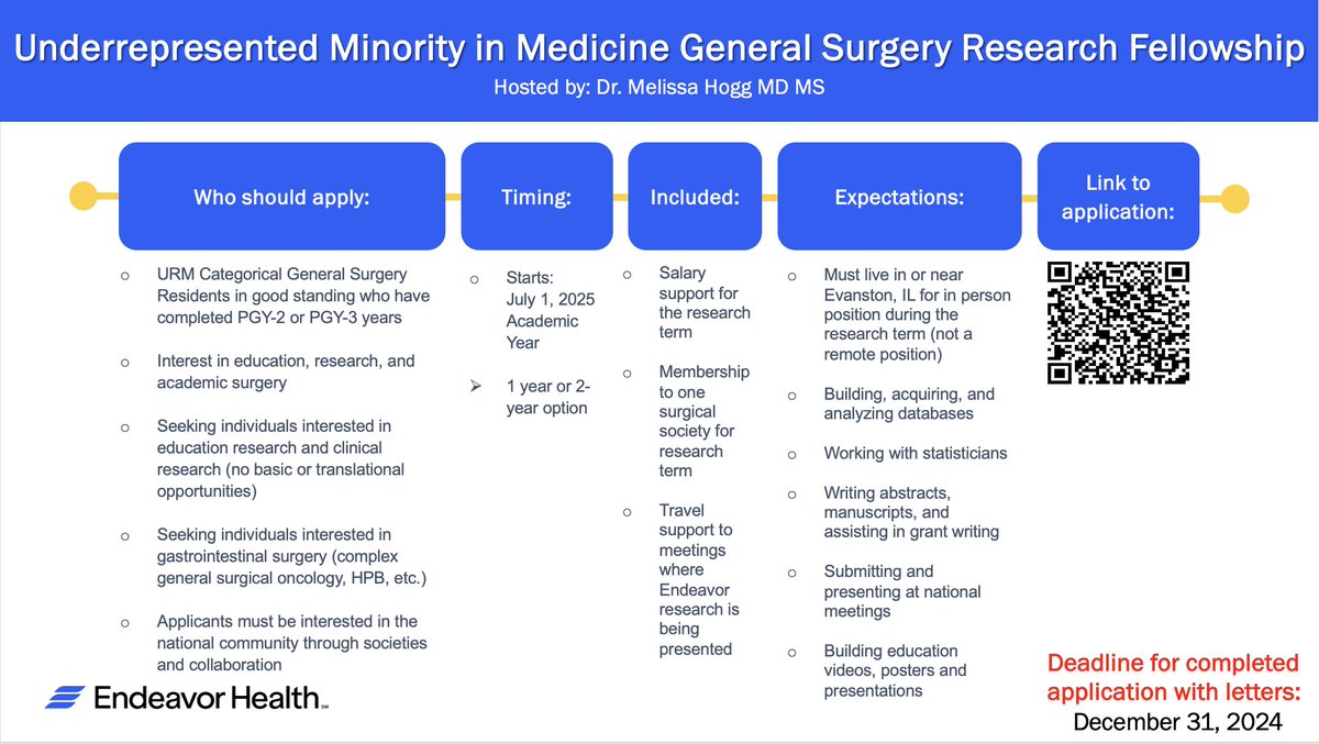 Melissa Hogg (@hoggndmd) on Twitter photo Attention General Surgery Residents <a href="/acgme/">ACGME</a> <a href="/AmCollSurgeons/">American College of Surgeons</a> who are underrepresented minority in medicine <a href="/SocietyofBAS/">Society of Black Academic Surgeons</a> <a href="/LatinoSurgery/">LatinoSurgSociety</a> <a href="/Surg_Education/">Association for Surgical Education</a>
Research years funding opportunity <a href="/EndeavorHlth/">Endeavor Health</a> in Evanston, IL starting July 2025
Apply here: surveymonkey.com/r/87J72SP Attention General Surgery Residents <a href="/acgme/">ACGME</a> <a href="/AmCollSurgeons/">American College of Surgeons</a> who are underrepresented minority in medicine <a href="/SocietyofBAS/">Society of Black Academic Surgeons</a> <a href="/LatinoSurgery/">LatinoSurgSociety</a> <a href="/Surg_Education/">Association for Surgical Education</a>
Research years funding opportunity <a href="/EndeavorHlth/">Endeavor Health</a> in Evanston, IL starting July 2025
Apply here: surveymonkey.com/r/87J72SP