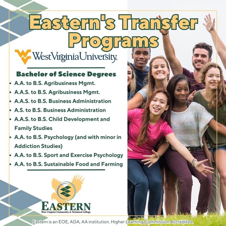 ewvctc's tweet image. Transfer your academic journey from #EasternWV to WVU. Explore a wide range of bachelor of science programs including Agribusiness Mgmt, Business Admin, Child Development, and more! Learn more at: easternwv.edu/academics/tran… 
#DiscoverEWV #TransferPrograms #HigherEducation