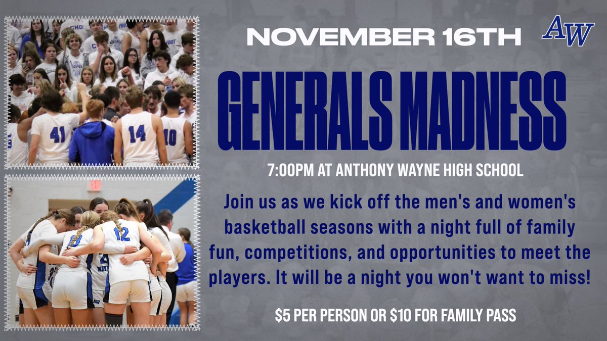 AW Women’s Basketball (@aw_ladygenerals) on Twitter photo Join us THIS SATURDAY as we kick off our season with a night of family fun, competition, and team introductions. Both the AW Women’s and <a href="/AnthonyWayneMBB/">AW Men's Basketball</a> will be signing autographs after the event. We can’t wait to see you there!
Cash or Venmo will be accepted at the gate. Join us THIS SATURDAY as we kick off our season with a night of family fun, competition, and team introductions. Both the AW Women’s and <a href="/AnthonyWayneMBB/">AW Men's Basketball</a> will be signing autographs after the event. We can’t wait to see you there!
Cash or Venmo will be accepted at the gate.