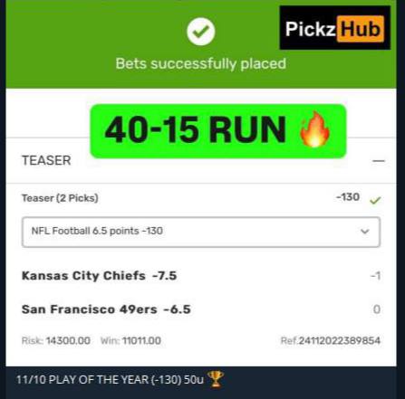 ItsCappersPicks's tweet image. #ValueLockSports 
🏈2 Team / 7 Point Teaser (3U💣)
Vikings PK
Chiefs -0.5
🏈Buffalo Bills -3 (3U💣)
🏈Pittsburgh Steelers +3 (1U)

#PickzHub