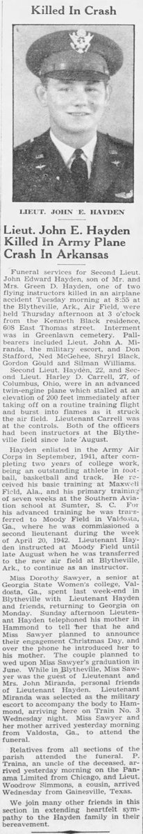 WW2Researcher's tweet image. 2nd Lieutenant John E. Hayden, of Hammond, Louisiana, and the 326th HQ Squadron, was killed in a takeoff accident at Blytheville, Arkansas on November 10, 1942, 82 years ago today. @WW2Researcher @NationalVMM @lahistassoc @AFmuseum