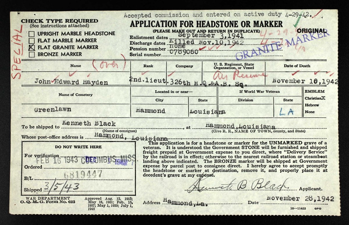 WW2Researcher's tweet image. 2nd Lieutenant John E. Hayden, of Hammond, Louisiana, and the 326th HQ Squadron, was killed in a takeoff accident at Blytheville, Arkansas on November 10, 1942, 82 years ago today. @WW2Researcher @NationalVMM @lahistassoc @AFmuseum