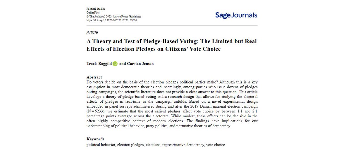 Political Studies (@polstudies) on Twitter photo IN NEW ISSUE: A Theory and Test of Pledge-Based Voting: <a href="/tboeggild/">Troels Bøggild</a> & <a href="/Carsten80554073/">Carsten Jensen</a> examine the effects of election pledges on citizens’ vote choice in <a href="/PolStudies/">Political Studies</a>: journals.sagepub.com/doi/full/10.11…
<a href="/PolStudiesAssoc/">Political Studies Association</a> @SAGECQPolitics #elections #democracy #polsci <a href="/uniyorkpolitics/">Department of Politics and International Relations</a> IN NEW ISSUE: A Theory and Test of Pledge-Based Voting: <a href="/tboeggild/">Troels Bøggild</a> & <a href="/Carsten80554073/">Carsten Jensen</a> examine the effects of election pledges on citizens’ vote choice in <a href="/PolStudies/">Political Studies</a>: journals.sagepub.com/doi/full/10.11…
<a href="/PolStudiesAssoc/">Political Studies Association</a> @SAGECQPolitics #elections #democracy #polsci <a href="/uniyorkpolitics/">Department of Politics and International Relations</a>