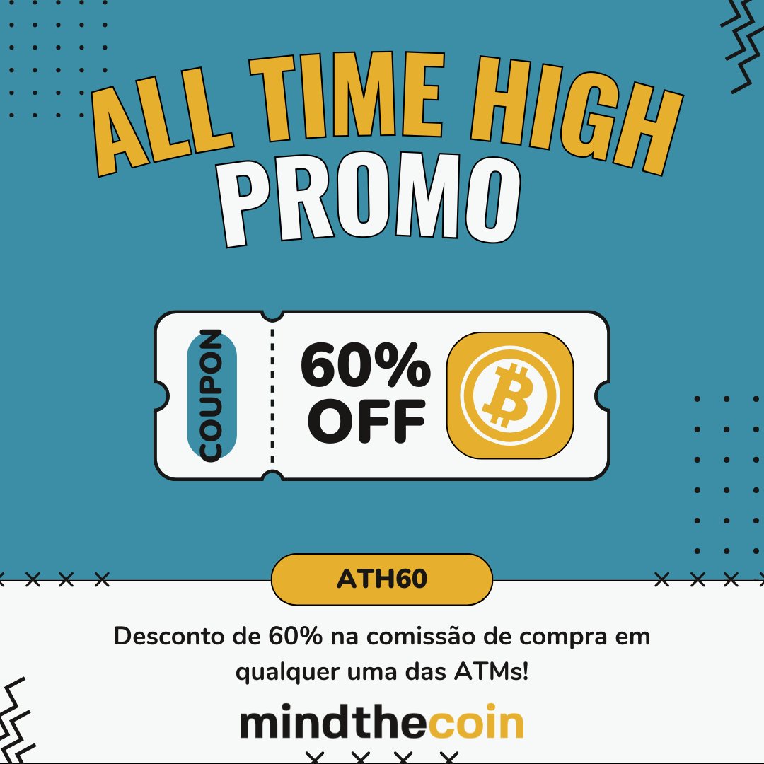 mindthecoin's tweet image. 💥 All Time High PROMO 💥💸 Só esta semana!
🎉 Use o código ATH60 e aproveite 60% de desconto na comissão de compra nas ATMs da Mind the Coin!🚀

#BITCOIN_ATH  #Bitcoin