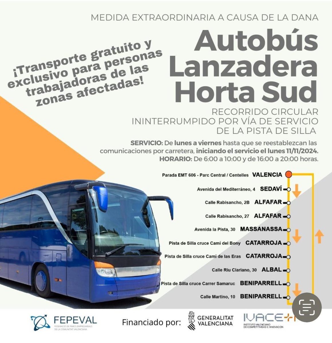 HGUVALENCIA's tweet photo. 📢 Información de SERVICIO para MAÑANA 📢

🚍 Autobús Lanzadera gratuito para los trabajadores de las zonas afectadas. Consulta #paradas 👇 https://t.co/EUTkcqUjFB
