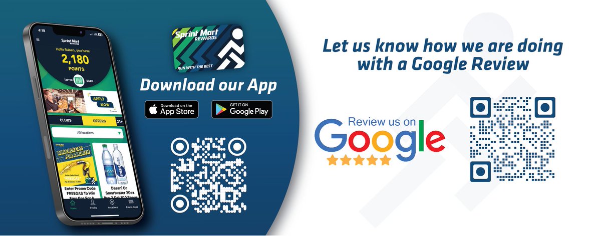 Have you downloaded the Sprint Mart Rewards App yet?

Don't forget to find your favorite location to shop at on Google and let us know just how good we're doing.