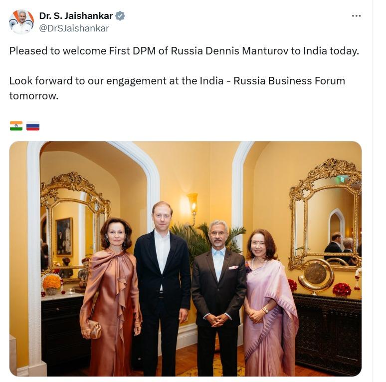 UpendrraRai's tweet image. EAM @DrSJaishankar posts, &quot;Pleased to welcome the First DPM of Russia #DennisManturov to India today. Look forward to our engagement at the India - Russia #BusinessForum tomorrow.&quot; @MEAIndia