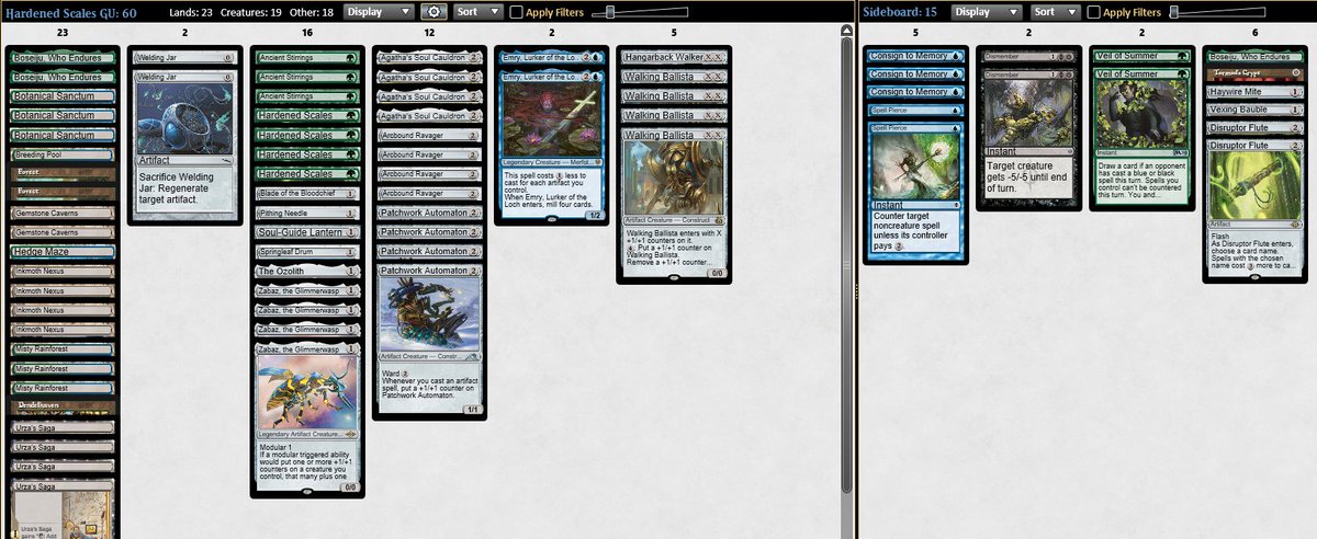 Top 8  in the Modern Challenge with the good old Hardened Scales. 

R1: Lantern Control 🤖🤖
R2: Affinity 🤖💥🤖
R3: Grinding Breach 💥🤖💥
R4: Mono U Belcher  🤖🤖
R5: Jeskai Control🤖🤖 <a href="/RespectTheCat90/">RespectTheCat🐈</a> 
R6: UB Frog💥🤖💥

T8: UB Frog💥💥