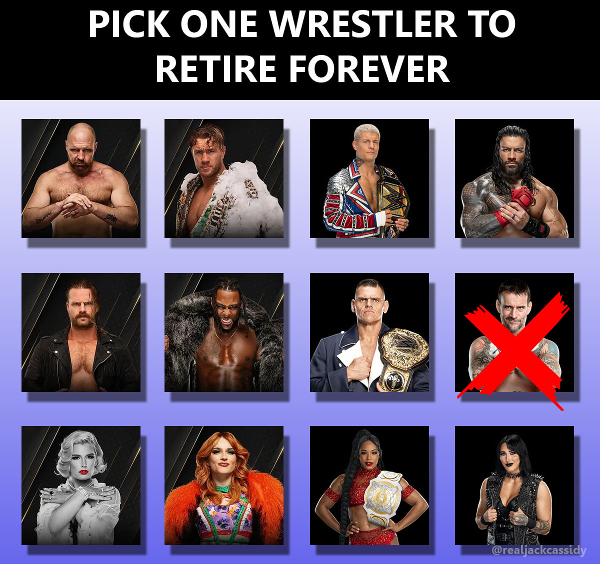 RealJackCassidy's tweet image. SURVIVOR TOURNAMENT: Round 2
CM Punk stood no chance in Round 1. Who's next? 😅
#AEW #WWE