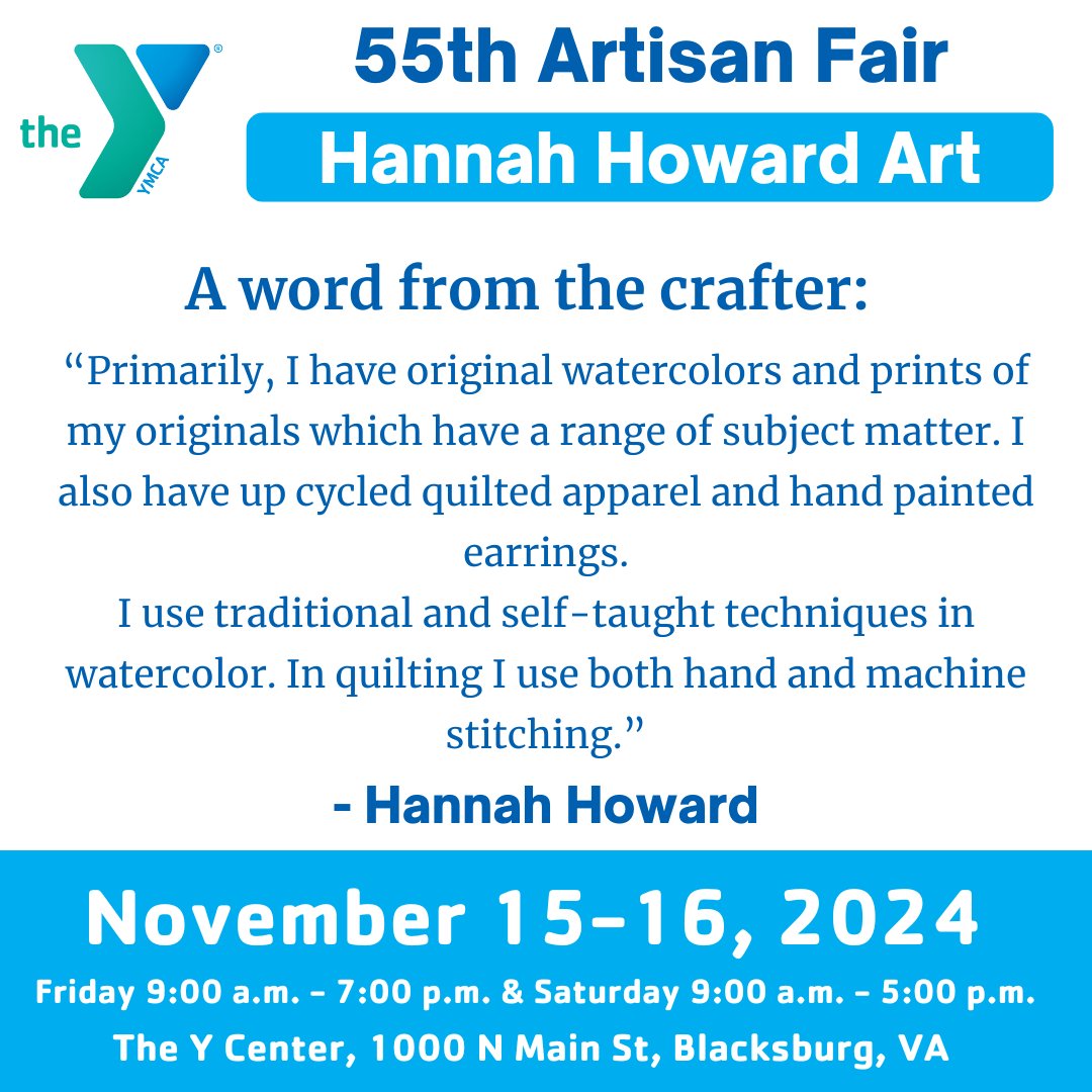 Meet Your Vendors!
Hannah Howard from Blacksburg, VA, will be at the YMCA's 55th Artisan Fair! Explore her stunning original watercolors and prints, featuring a variety of subjects—perfect for art lovers and gift seekers!

🗓️ Nov 15-16
📍 YMCA Thrift
#YMCAArtisanFair #ShopLocal