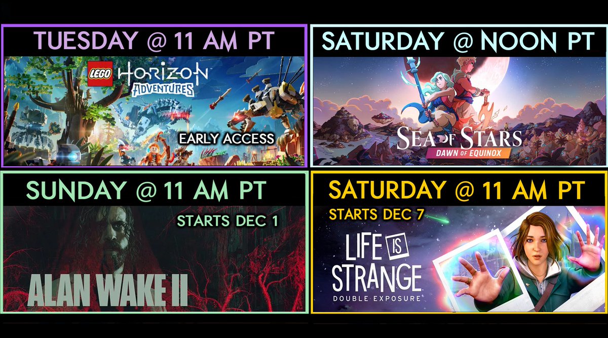 Repost to Announce our NEXT #DechartGames!

Early access of #LEGOHorizonAdventures on Tuesday + #SeaOfStars on Saturday!

We'll BEGIN #AlanWake2 on Sunday Dec 1 &amp; #LifeisStrangeDoubleExposure on Saturday Dec 7!
