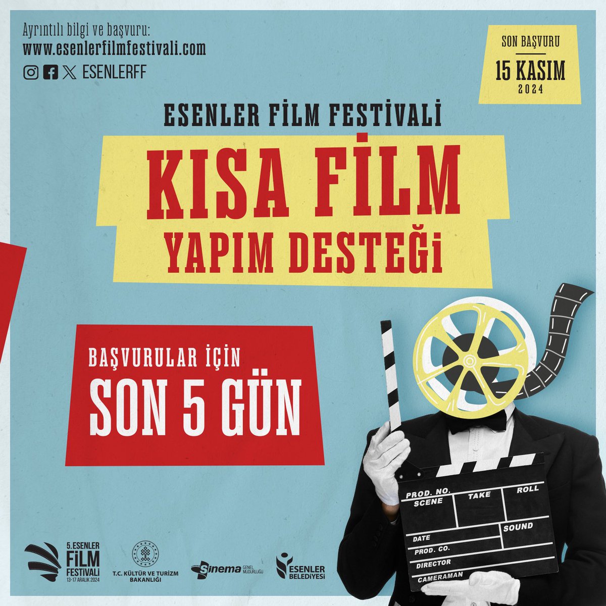 🎥 Esenler Film Festivali, Film Yapım Desteği Başvuruları için Son 5 Gün!

Kısa Film Yapım Desteği kapsamında jüri tarafından seçilecek 3 projeye toplam 240 bin TL yapım desteği verilecek.

🗓️ Son başvuru: 15 Kasım 2024

📍 Detaylı bilgi ve başvuru: esenlerfilmfestivali.com