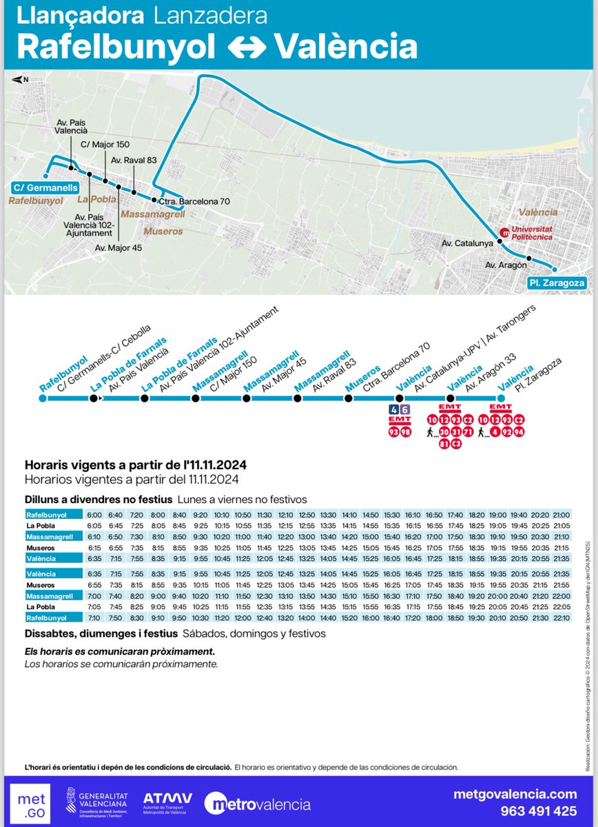 Metrovalencia (@metrovalencia) on Twitter photo <a href="/Aj_Torrent/">Ajuntament de Torrent</a> <a href="/AytoBenaguasil/">Ayto Benaguasil</a> <a href="/aytolliria/">Ajuntament de Llíria</a> <a href="/AjuntamentVLC/">Ajuntament València</a> 🚌 𝐋𝐀𝐍𝐙𝐀𝐃𝐄𝐑𝐀 𝐑𝐀𝐅𝐄𝐋𝐁𝐔𝐍𝐘𝐎𝐋-𝐕𝐀𝐋È𝐍𝐂𝐈𝐀
📍Rafelbunyol
📍La Pobla
📍Massamagrell
📍Museros
📍València
⬇️⬇️⬇️AQUÍ⬇️⬇️⬇️ <a href="/Aj_Torrent/">Ajuntament de Torrent</a> <a href="/AytoBenaguasil/">Ayto Benaguasil</a> <a href="/aytolliria/">Ajuntament de Llíria</a> <a href="/AjuntamentVLC/">Ajuntament València</a> 🚌 𝐋𝐀𝐍𝐙𝐀𝐃𝐄𝐑𝐀 𝐑𝐀𝐅𝐄𝐋𝐁𝐔𝐍𝐘𝐎𝐋-𝐕𝐀𝐋È𝐍𝐂𝐈𝐀
📍Rafelbunyol
📍La Pobla
📍Massamagrell
📍Museros
📍València
⬇️⬇️⬇️AQUÍ⬇️⬇️⬇️