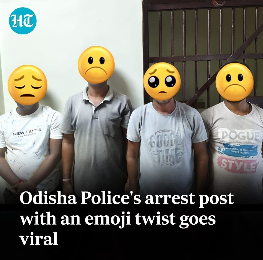 bhavanimahar's tweet photo. A social media post by the Berhampur Police in #Odisha has gone #viral after it showed the faces of four #arrested suspects covered with different #emojis, instead of the usual blurred or pixelated effect.
#InstaWithHT #hindustantimes #IndiaNews #OdishaNews #OdishaPolice https://t.co/nVjs0IHpvG