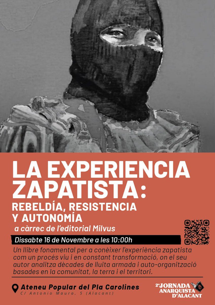 Recordatori:
Dissabte estem a la 2ª Jornada Anarquista d'Alacant, organitzada per <a href="/mostraAalacant/">Mostra del Llibre Anarquista Alacant</a>.
Ens trobeu de bon matí amb els nostres llibres i presentant la darrera edició. Tota la info al nostre web: editorialmilvus.net/2a-jornada-ana…