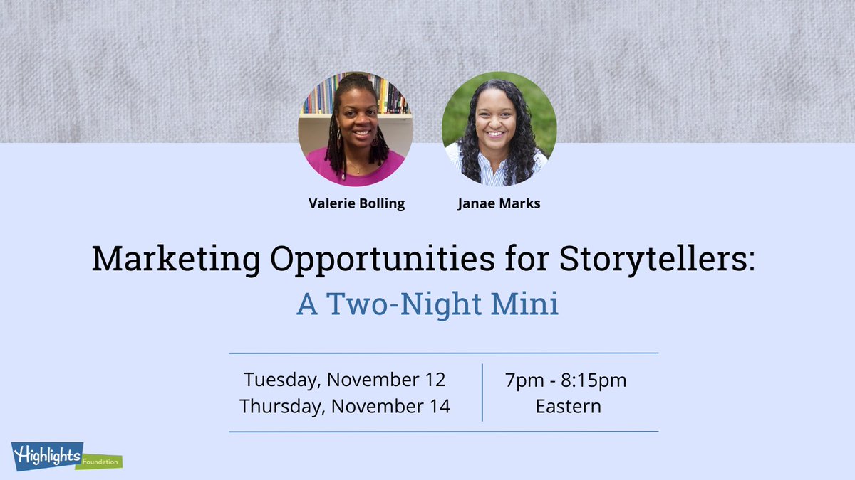 Valerie Bolling (@valerie_bolling) on Twitter photo There's still time to register for this <a href="/HighlightsFound/">The Highlights Foundation</a> course this week. highlightsfoundation.org/workshop/marke…
<a href="/KidlitInColor/">KidLit in Color</a> <a href="/Soaring20sPB/">Soaring20sPB</a> #kidlit There's still time to register for this <a href="/HighlightsFound/">The Highlights Foundation</a> course this week. highlightsfoundation.org/workshop/marke…
<a href="/KidlitInColor/">KidLit in Color</a> <a href="/Soaring20sPB/">Soaring20sPB</a> #kidlit