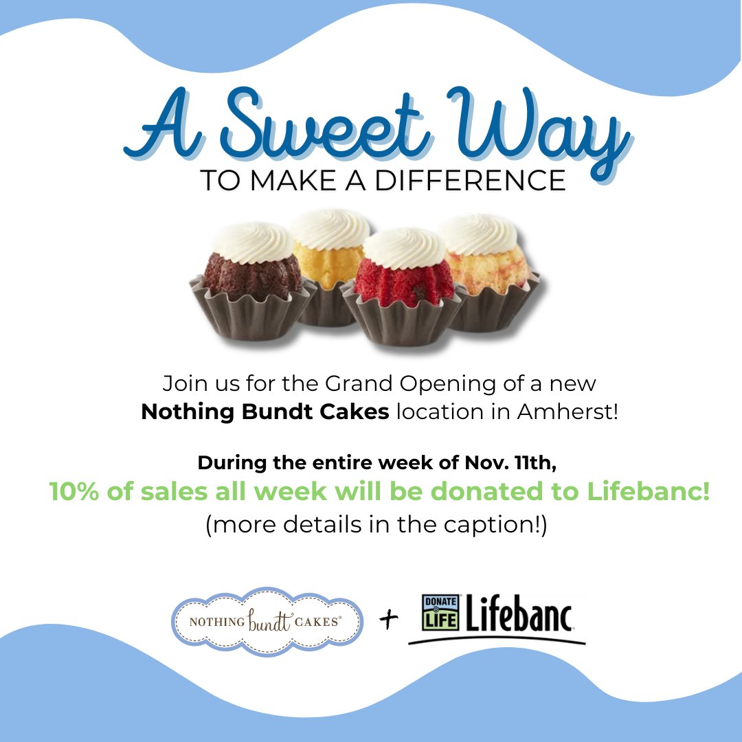 Don't forget to head to the Amherst @nothingbundtcakes grand opening this week! 10% of proceeds will benefit Lifebanc, and on Saturday, Nov. 16, 20% of sales at all Cleveland-area locations will also be donated to Lifebanc! 👏

📆: Nov. 11 - Nov. 17
📍: Amherst: 7574 Oak Point Rd