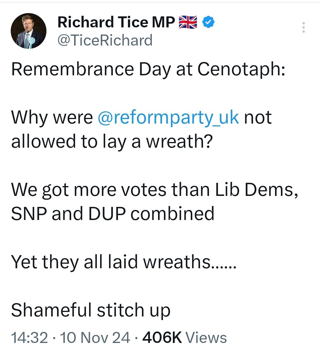 Imagine <a href="/TiceRichard/">Richard Tice MP 🇬🇧</a> not understanding that parties with at least 6 seats or more are permitted to lay a wreath at the cenotaph on Remembrance Day…

It’s not a stitch up, why not be honest with the electorate rather than rile up faux outrage! 

Pathetic.