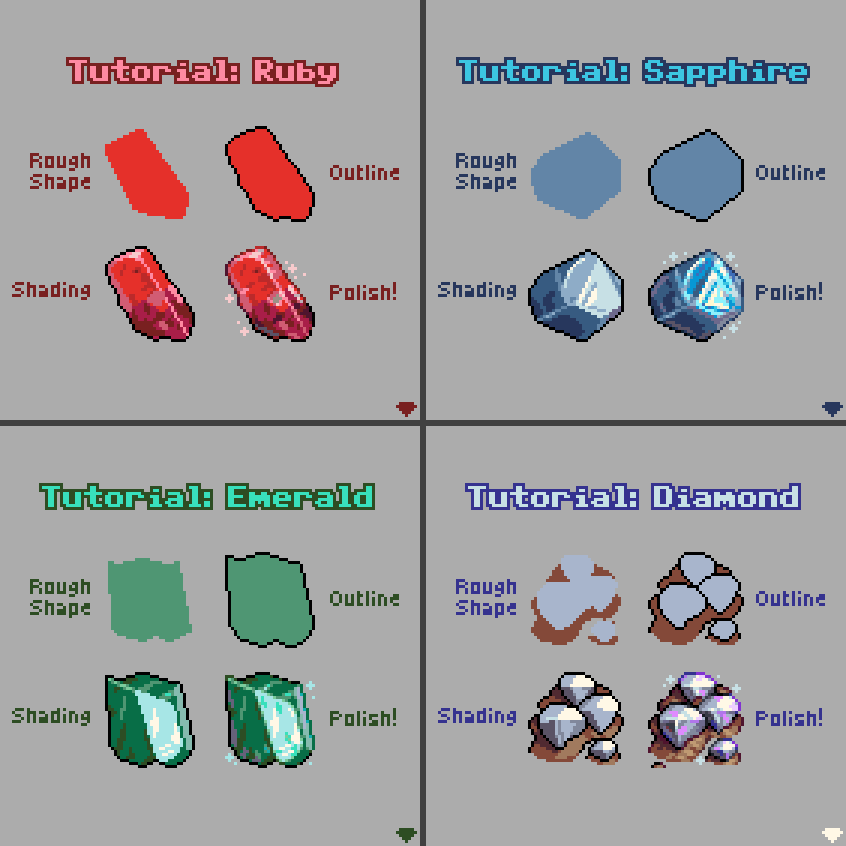 mirrutatep's tweet image. A few of my little mini gem tutorials! Or as I like to endearingly call them, "crystorials" 💎
#pixelart