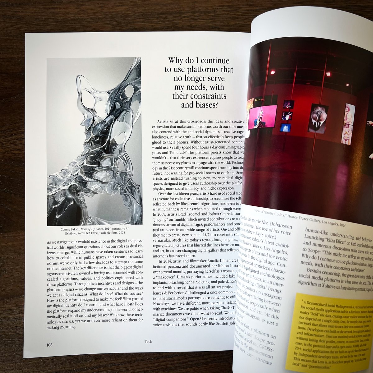 Connie Bakshi (@conniebakshi) on Twitter photo Finally got my paws on the print copy of <a href="/spike_art/">Spike Art Magazine</a> Issue 80.
Featuring my work 'Bone of My Bones' (2024) from ELIZA Effect (curated by <a href="/alicescope_/">Alice Scope</a>) within the excellent text 'Social Media After Meta' by <a href="/MPtherealmvp/">maria paula</a> and James Beck ๐ค
So so lovely to be part of this gorgeous Finally got my paws on the print copy of <a href="/spike_art/">Spike Art Magazine</a> Issue 80.
Featuring my work 'Bone of My Bones' (2024) from ELIZA Effect (curated by <a href="/alicescope_/">Alice Scope</a>) within the excellent text 'Social Media After Meta' by <a href="/MPtherealmvp/">maria paula</a> and James Beck ๐ค
So so lovely to be part of this gorgeous