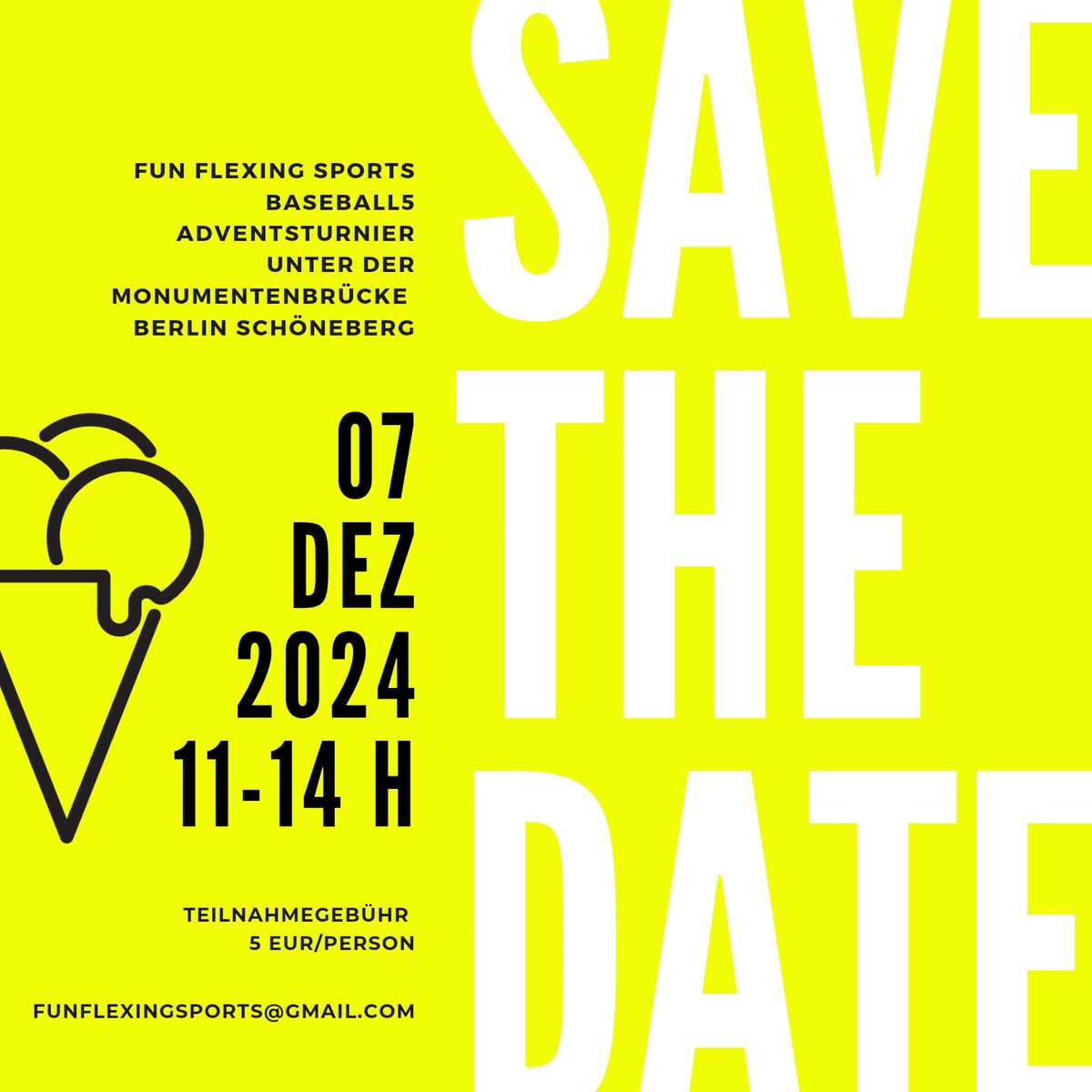 baseball_berlin's tweet photo. Wir, Fun Flexing Sports, spielen wieder Baseball5 unter der Brücke im Dezember.
Unser drittes Adventsturnier nach den in 2021 und 2023. Wir laden Spieler:innen ohne Altersgrenze ein daran teilzunehmen. Wie gewohnt findet es unter der Monumentenbrücke in Berlin Schöneberg statt. https://t.co/HjWpy2F8wL