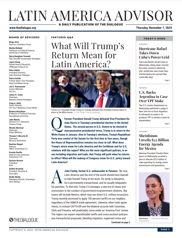 What will Trump's return mean for Latin America? See the daily #LatAmAdvisor for views by John Feeley, Andrés Rozental, G. Philip Hughes, <a href="/farfan_cc/">Cecilia Farfán-Méndez, Ph.D.</a> &amp; Louis DeSipio --> tinyurl.com/4wntmx9w  (Subscription details here: tinyurl.com/36kutwda)