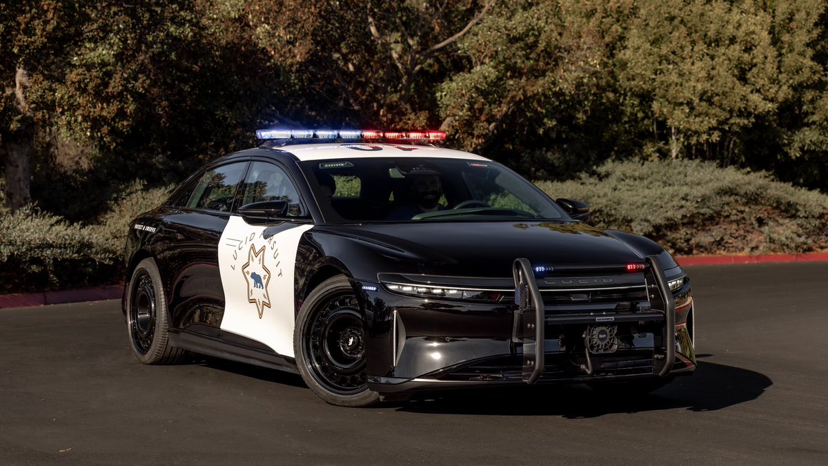 LucidMotors's tweet photo. A modified version of the Lucid Air recently participated in California Highway Patrol vehicle testing. What do you think about the potential for Lucid Air to lend its unmatched combination of range, interior and cargo space and performance to law enforcement duty? https://t.co/qgjyXwk8Uh