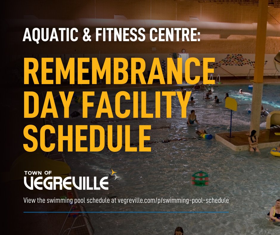 📣Please note, the Aquatic &amp; Fitness Centre will be open from 12 PM to 5 PM on Monday, November 11, 2024, with Public Swim offered from 1:00 PM - 4:00 PM.

View the swimming pool schedule here: loom.ly/ZaeJpjo

#Vegreville | #RoomToGrow