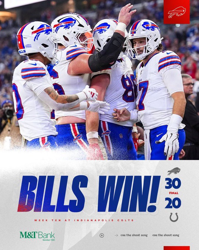 sandropacheco71's tweet image. The #BuffaloBills defeated the IndianapolisColts by a score of 30-20 on Sunday November 10, 2024 in #Week10 of the 2024 #NFL season. #MakingHistory #GoBills #BillsMafia #LetsGoBills #TheBillsMakeMeWannaShout #LetsGoBuffalooo #AyeAyeAyeAye #BillsNation #BillsCountry