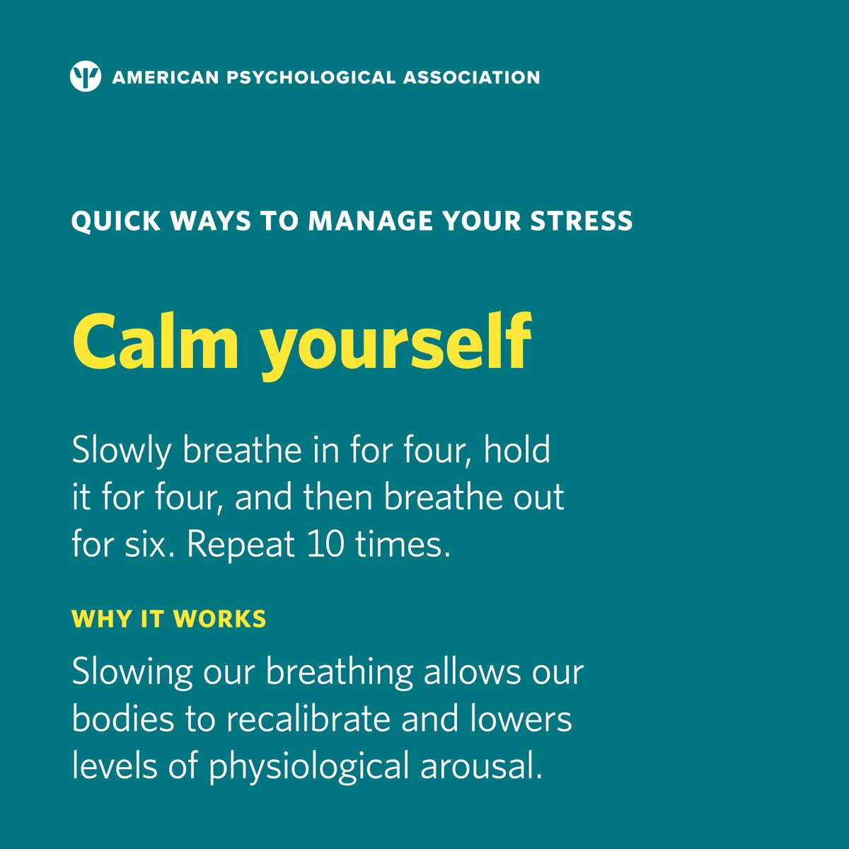 APA's tweet image. #Stress can impact every part of our lives—including our ability to accomplish basic tasks, maintain relationships, and even use our bodies. 

Take a moment to keep your stress in check with this science-backed breathing exercise.