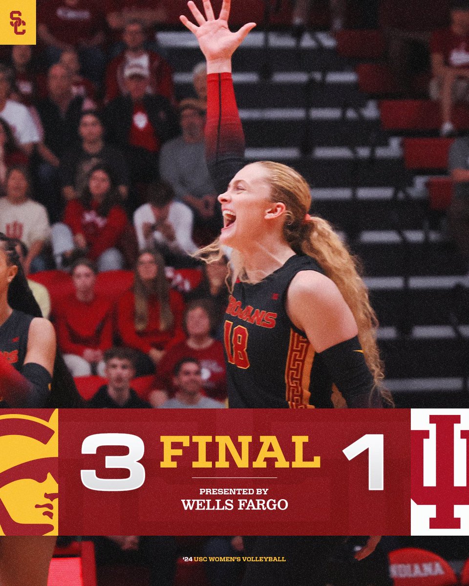 📊 FINAL: No. 20 USC def. Indiana, 3-1 (26-24, 17-25, 25-15, 26-24), at Wilkinson Hall in Bloomington, Ind. #FightOn ✌️🏐 #B1GVolleyball
