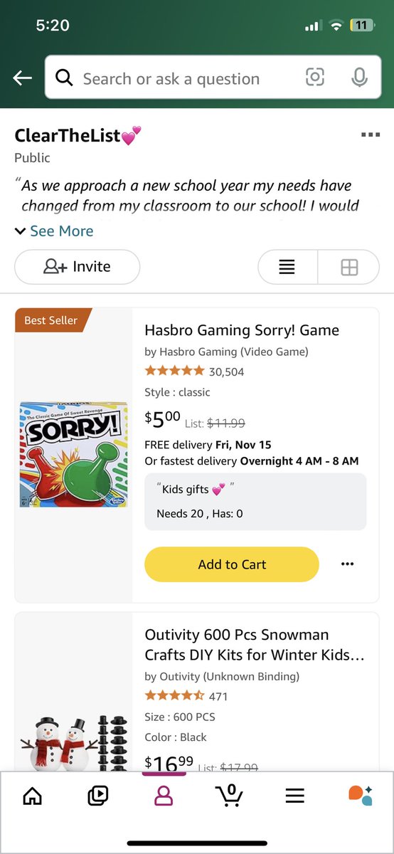 I said I wasn’t going to do board games this year for the kindergarteners, but Amazon has Sorry for $5?! I love the idea of them playing games at home. Can 20 people help sponsor a kindergartener for Secret Santa! 🎄🎅🏻

amazon.com/hz/wishlist/ls…
