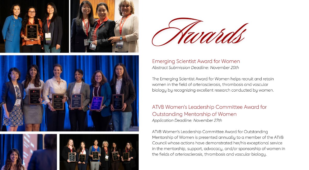 So many exciting award deadlines coming up!!! Apply soon!! 🤩🤩 
(1) Emerging Scientist Award for Women - Due Nov 20th
(2) ATVB WLC award for Outstanding Mentorship of Women - Due Nov 27th