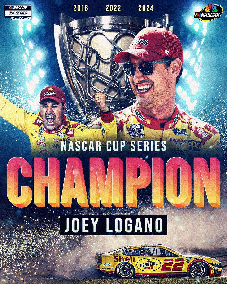 NASCARonNBC's tweet image. Joey Logano is a three-time NASCAR Cup Series CHAMPION! 🏆🏆🏆
